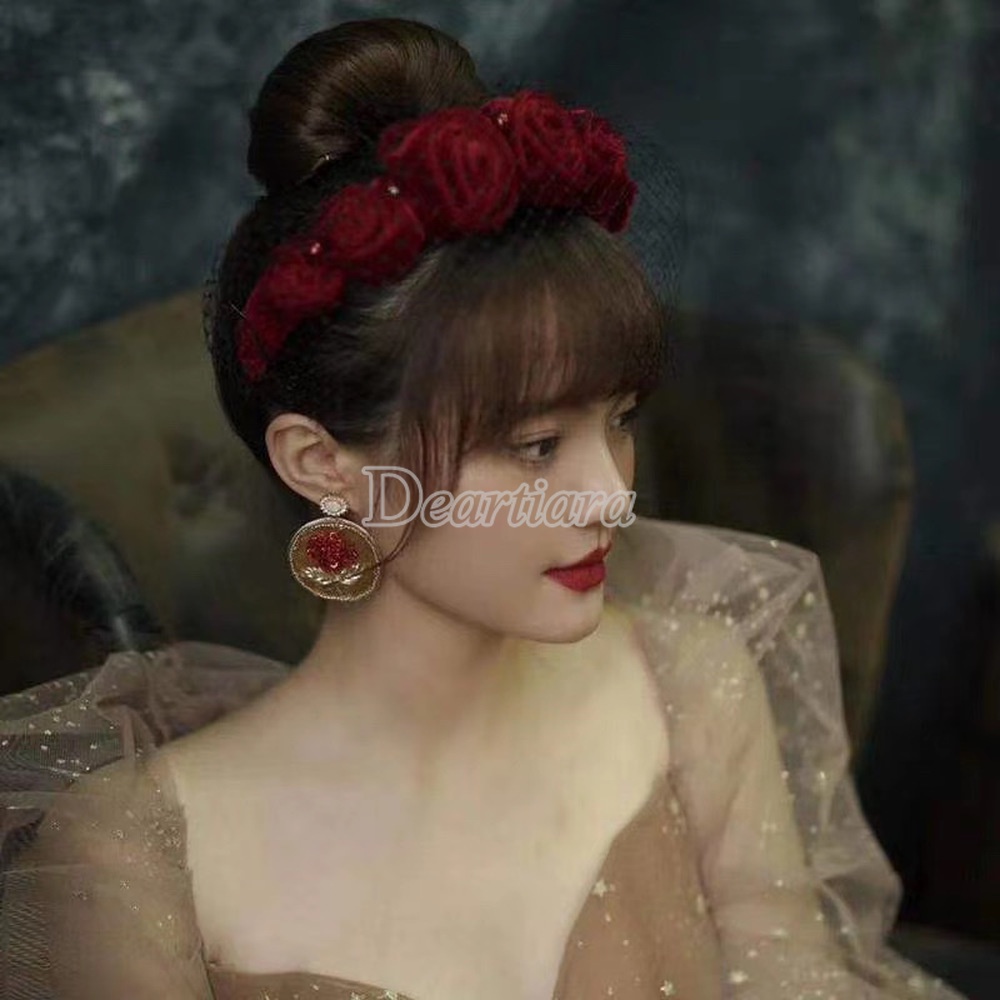 Băng Đô Cài Tóc Vải Lưới Đính Ngọc Trai Và Hoa Màu Đỏ Rượu Ngọt Ngào Cho Cô Dâu