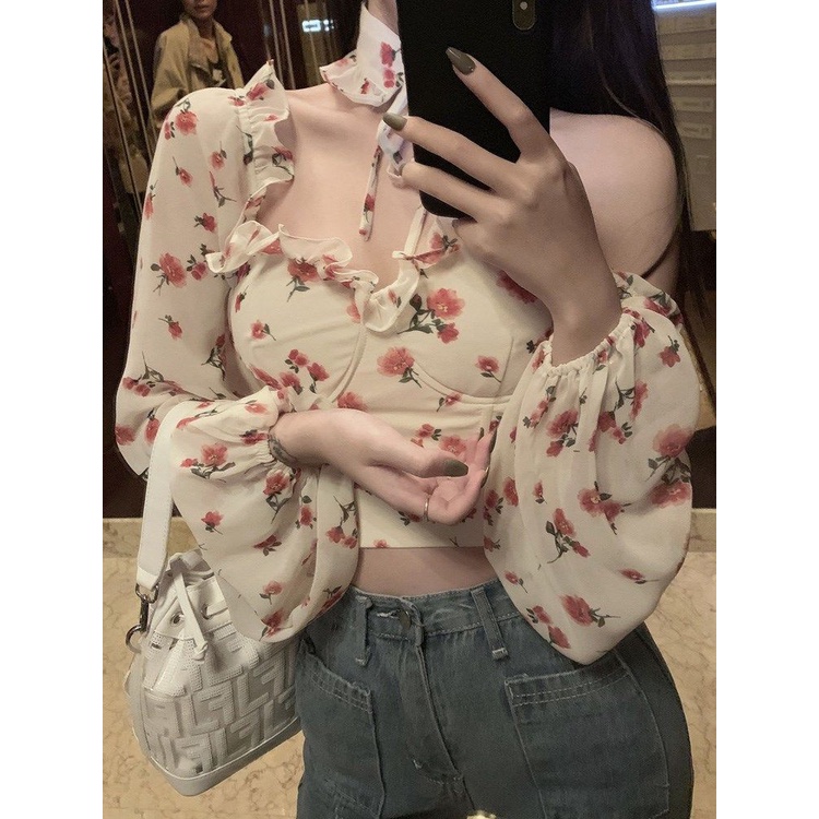 ⭐Đốm⭐Áo Kiểu Cổ Vuông Họa Tiết Hoa Thời Trang Quyến Rũ Cho Nữ