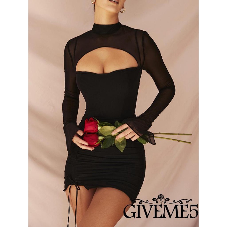 Đầm Tay Loe Dài Phối Lưới Màu Đen Trơn Thời Trang Cho Nữ