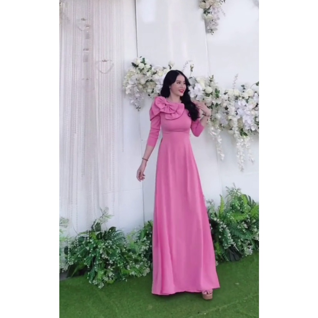 Đủ màu Áo dài màu hồng tay bồng đính nơ tạo điểm nhấn nổi bật - Áo Dài Đan Linh