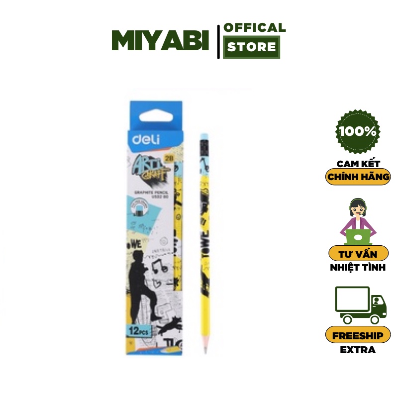 Bút chì gỗ DELI lục giác màu Xanh dương/Đỏ/Cam/Xanh lá -1 cái EU53200 - Bút chì 2B - MIYABI STORE