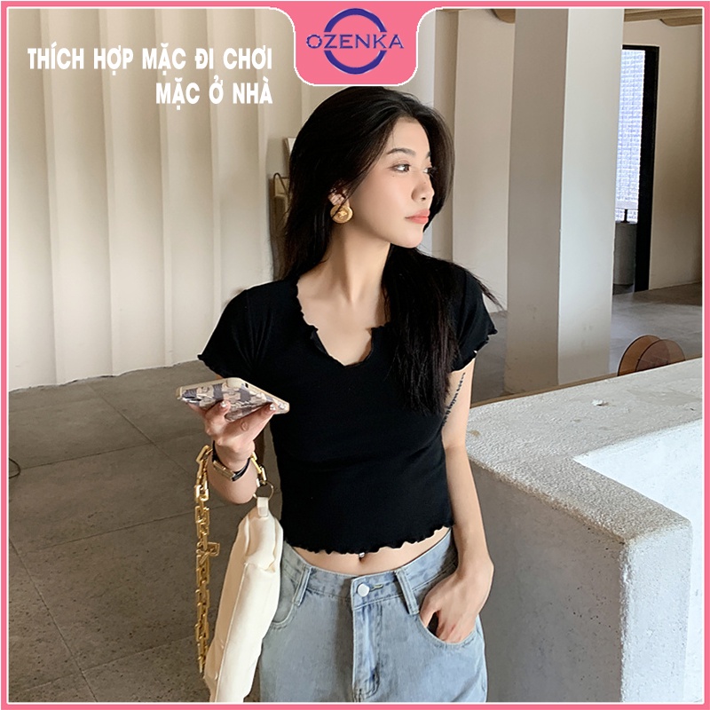 Áo croptop cộc tay ôm body fress air OZENKA , ao crt nữ phong cách tối giản thun gân 100% cotton màu đen trắng free size