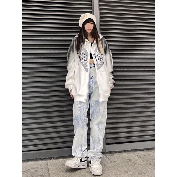 Áo khoác hoodie zip nỉ có mũ hoạ tiết phong cách retro Âu Mỹ