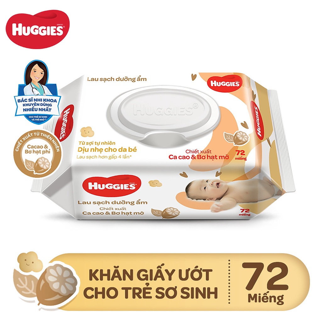 Combo 4 gói Khăn ướt Huggies [Nâu] dịu nhẹ cho trẻ sơ sinh chiết xuất Cacao và Bơ hạt mỡ 72 miếng/gói X4