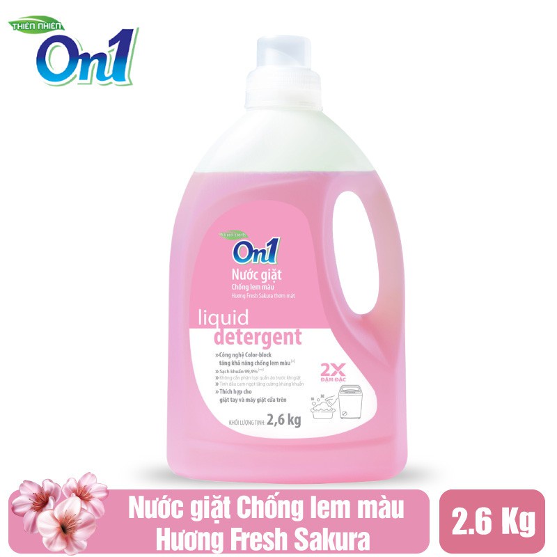 Nước giặt xả On1 chống lem màu hương Fresh Sakura 2.6Kg N8401 sạch khuẩn, khử mùi, thơm lâu cho giặt tay, máy