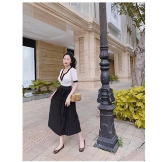 Set áo len cúc ngực + chân váy dập li