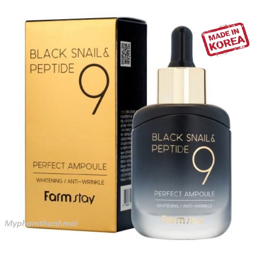 Serum Farm Stay dưỡng trắng và chống lão hóa từ ốc sên và Peptide 9-Black Snail & Perfect 9 Ampoule