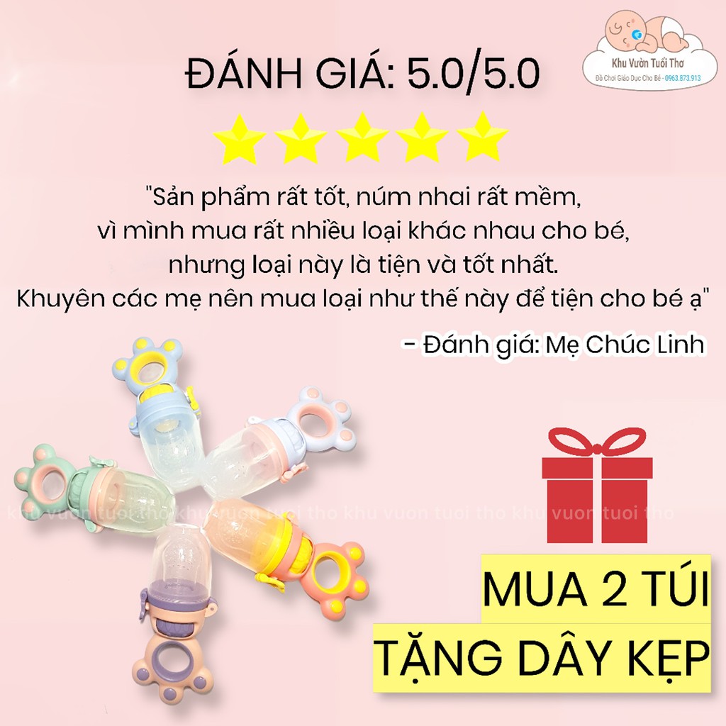 Túi nhai ăn dặm 3 núm silicone - chống hóc cho bé từ 6 tháng giúp bé ăn dặm hoa quả dễ dàng