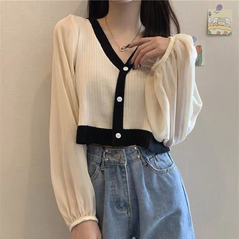 Áo len cổ v tay bèo quảng châu dáng croptop