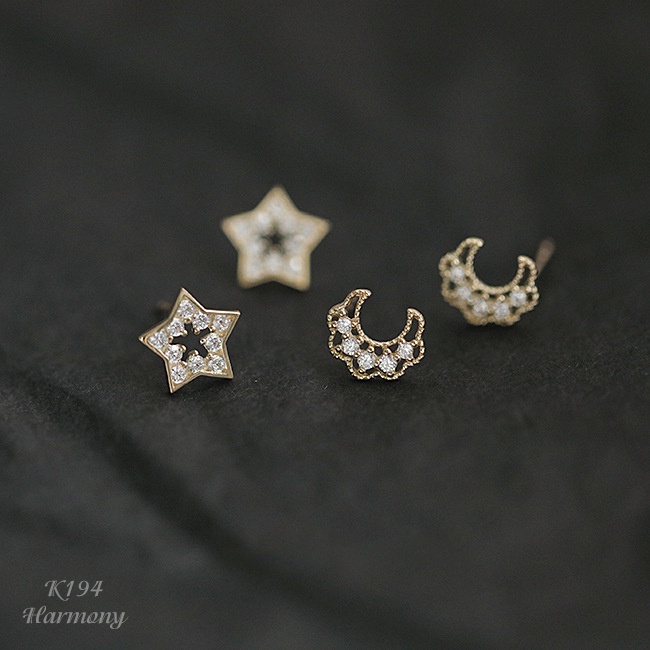 Bông tai, Khuyên tai nữ bạc mạ vàng Moon Star mặt sao, mặt trăng đính đá nhỏ nhắn K194 (1 chếc)I TRANG SỨC BẠC HARMONY