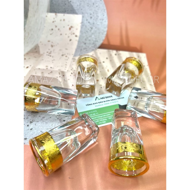 Bộ 6 chén ly rượu thủy tinh đế vuông dày cao cấp sang trọng họa tiết khảm họa tiết vàng