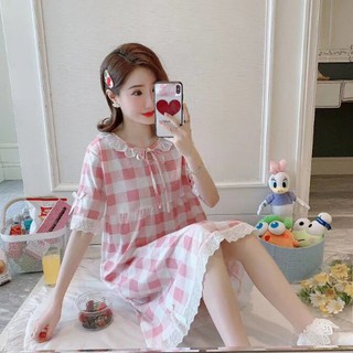 Đầm Cotton Tiểu Thư Caro Tay Lỡ Phối Ren dễ thương mặc ngủ mặc nhà dạo phố