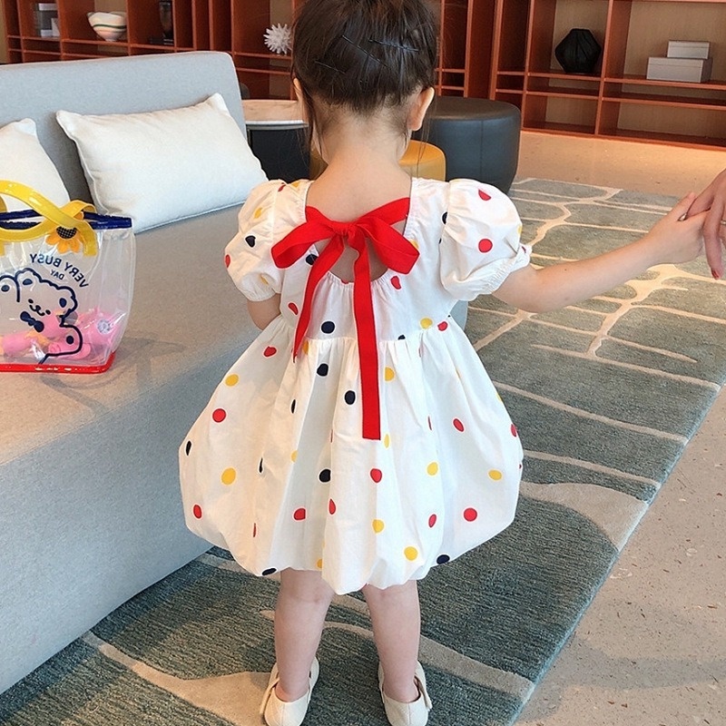 Đầm Công Chúa Bằng Cotton Tay Ngắn Phối Ren Họa Tiết Chấm Bi Thời Trang Mùa Hè Cho Bé Gái