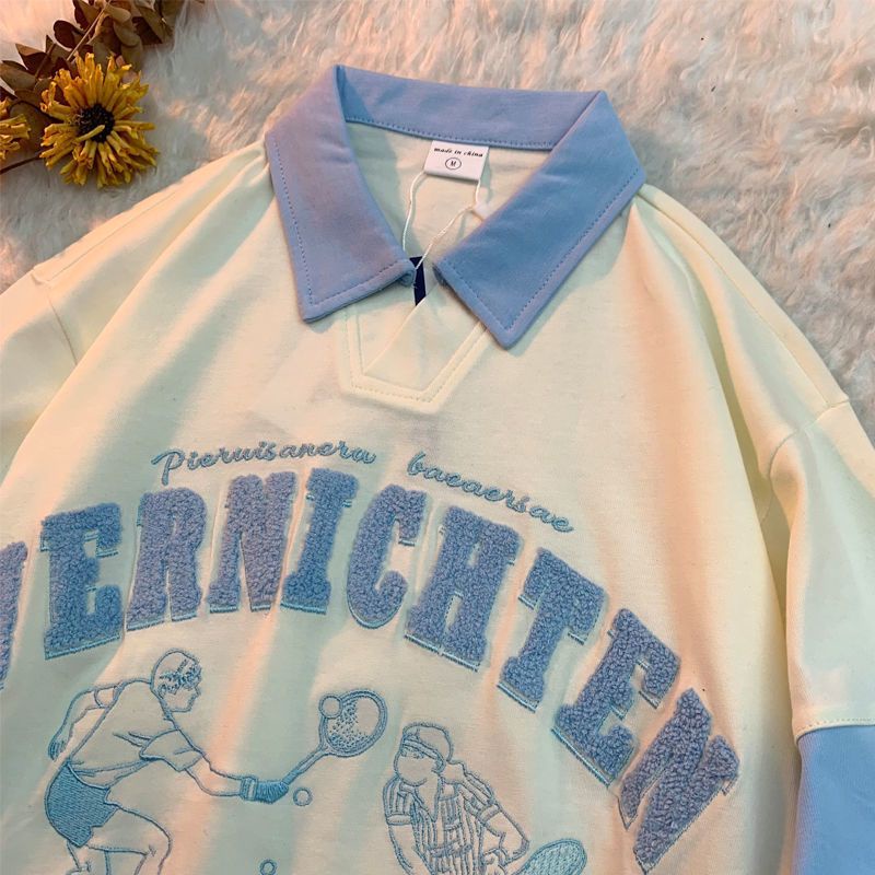 Áo polo Tay Ngắn Dáng Rộng Thêu Họa Tiết Kiểu Retro Mỹ Dễ Thương Cho Nữ