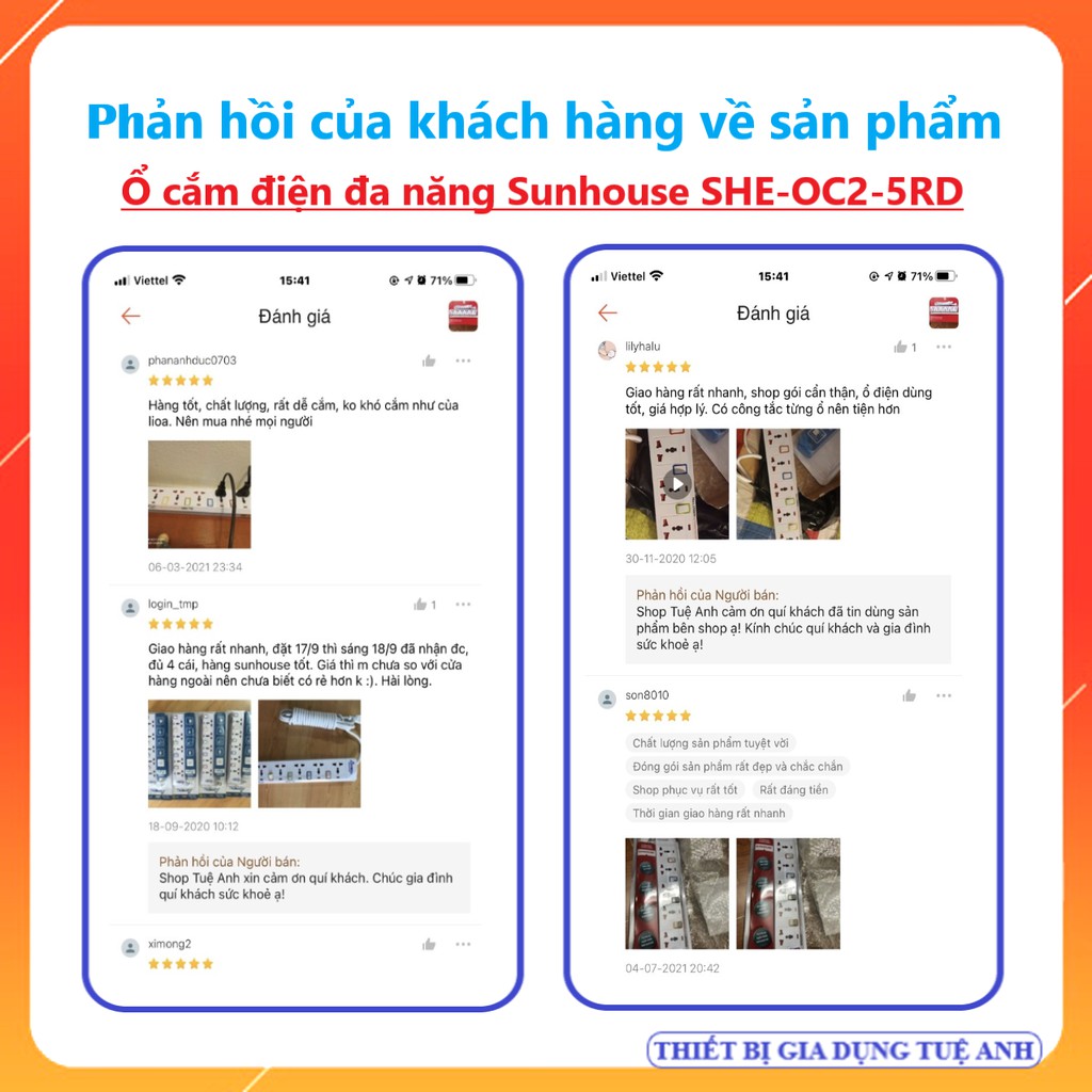 Ổ cắm điện đa năng Sunhouse SHE-OC2-5RD - Ổ cắm điện 5 lỗ - Dây dài 4,5m, có công tắc bật tắt riêng cho từng vị trí