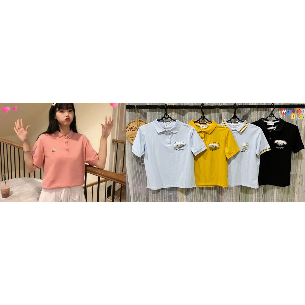 Áo Thun Cổ Trụ Dáng Rộng Viền Cổ Thêu Hình, Thun Polo Nữ Cổ Bẻ Form Rộng Ulzzang
