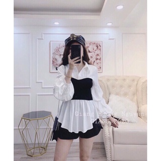 Áo sơ mi tay bồng phối đen trắng
