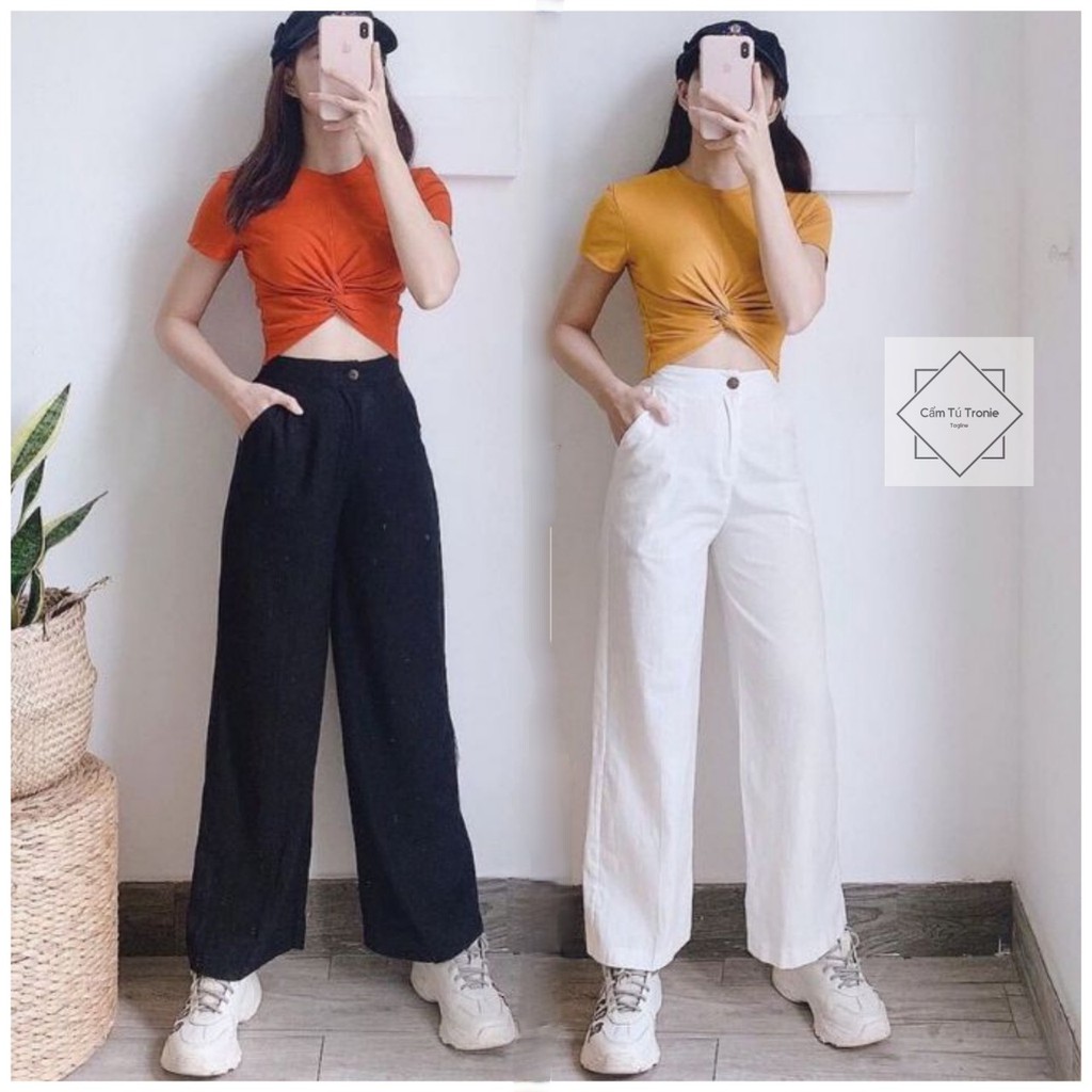 Quần ống rộng vải đũi dáng dài khóa thật lưng thun sau kiểu nhật chất mềm - Quần culottes ống suông dài mặc đi làm ở nhà