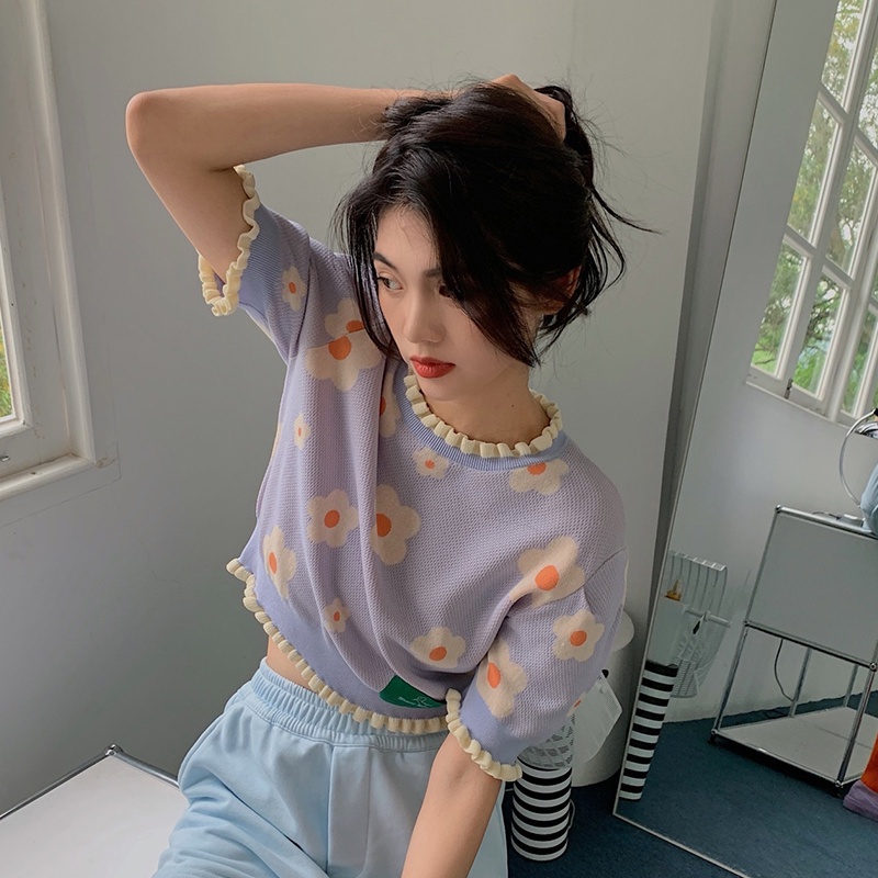 Áo thun nữ IHKKE tay ngắn in hoa thời trang Hàn Quốc