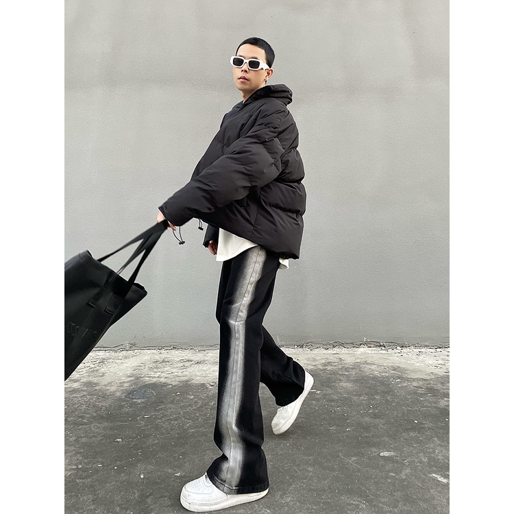 High Street Black Gradient Jeans của nam giới Phong cách Vibe Thiết kế thẳng Quần dài đơn giản Micro-Flare
