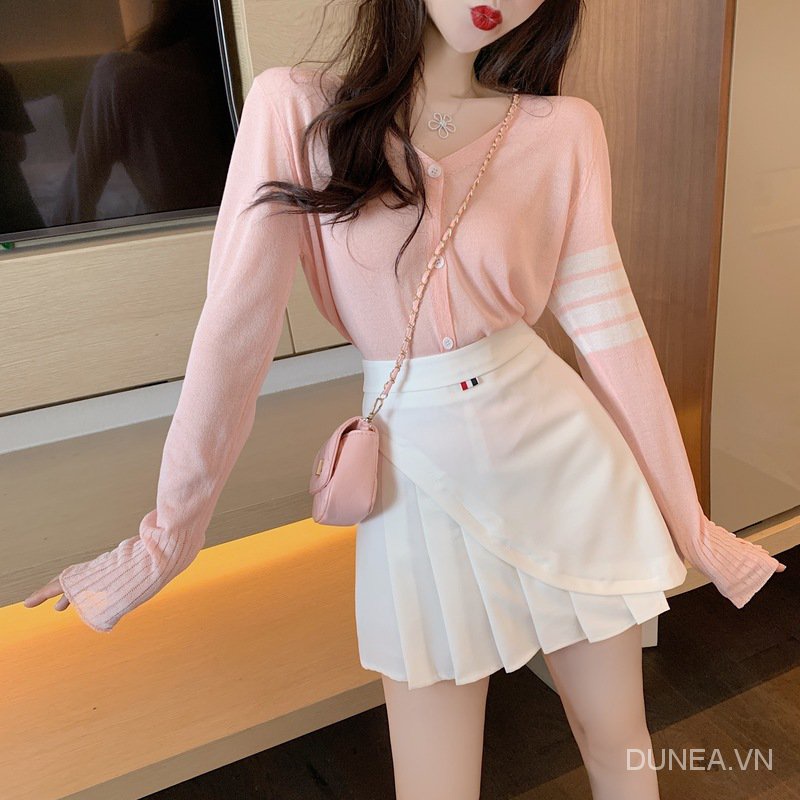 DUNEA Bộ Áo Khoác Cardigan Cổ Chữ V + Chân Váy Xếp Ly Q8Dg