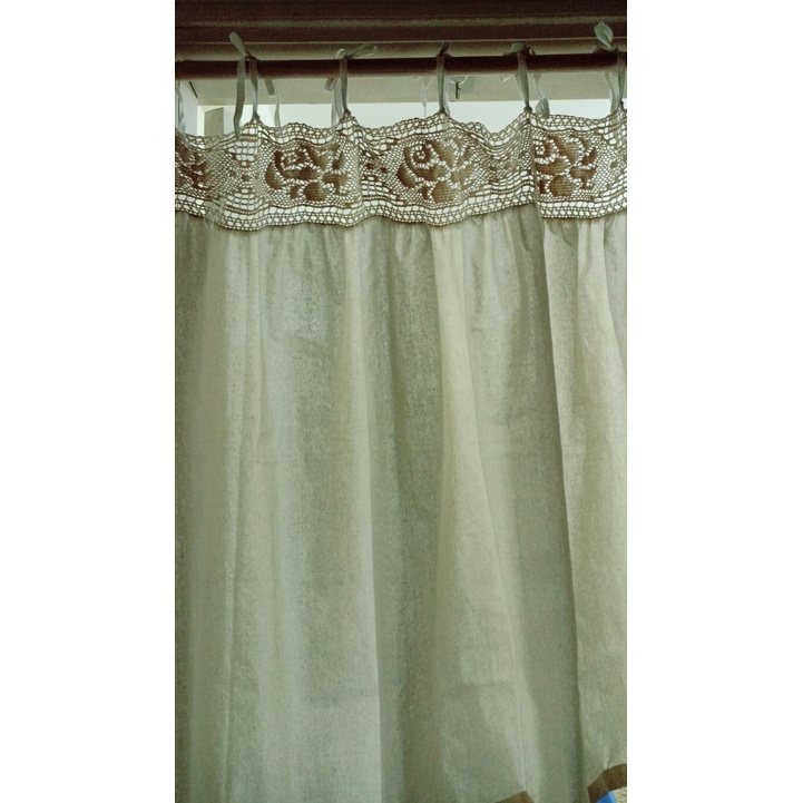 Rèm màn cửa vải canvas phối ren cotton hoạ tiết hoa hồng