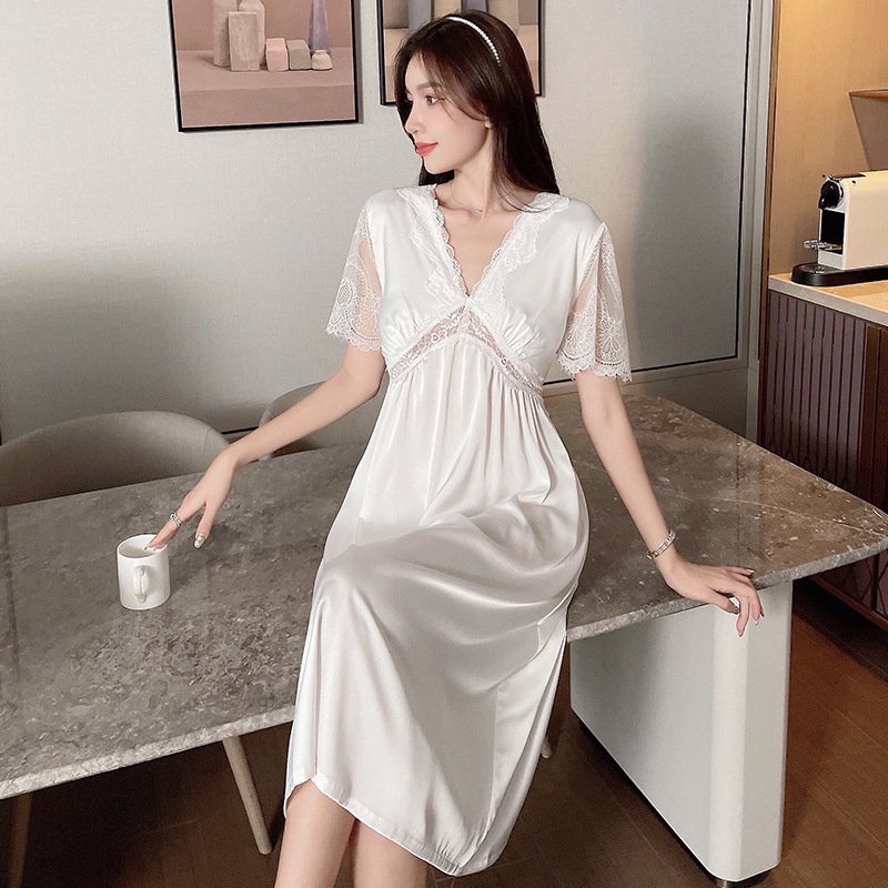 Đầm Ngủ Công Chúa Tay Ngắn Có Mút Đệm Ngực Chất Liệu Lụa Mỏng Phong Cách Hàn Quốc Quyến Rũ Cho Nữ