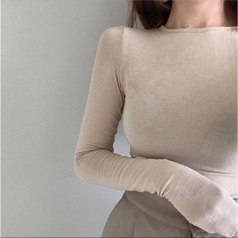 Áo kiểu nữ ôm body tay dài khoét hở lưng màu nude - Order taobao quảng châu