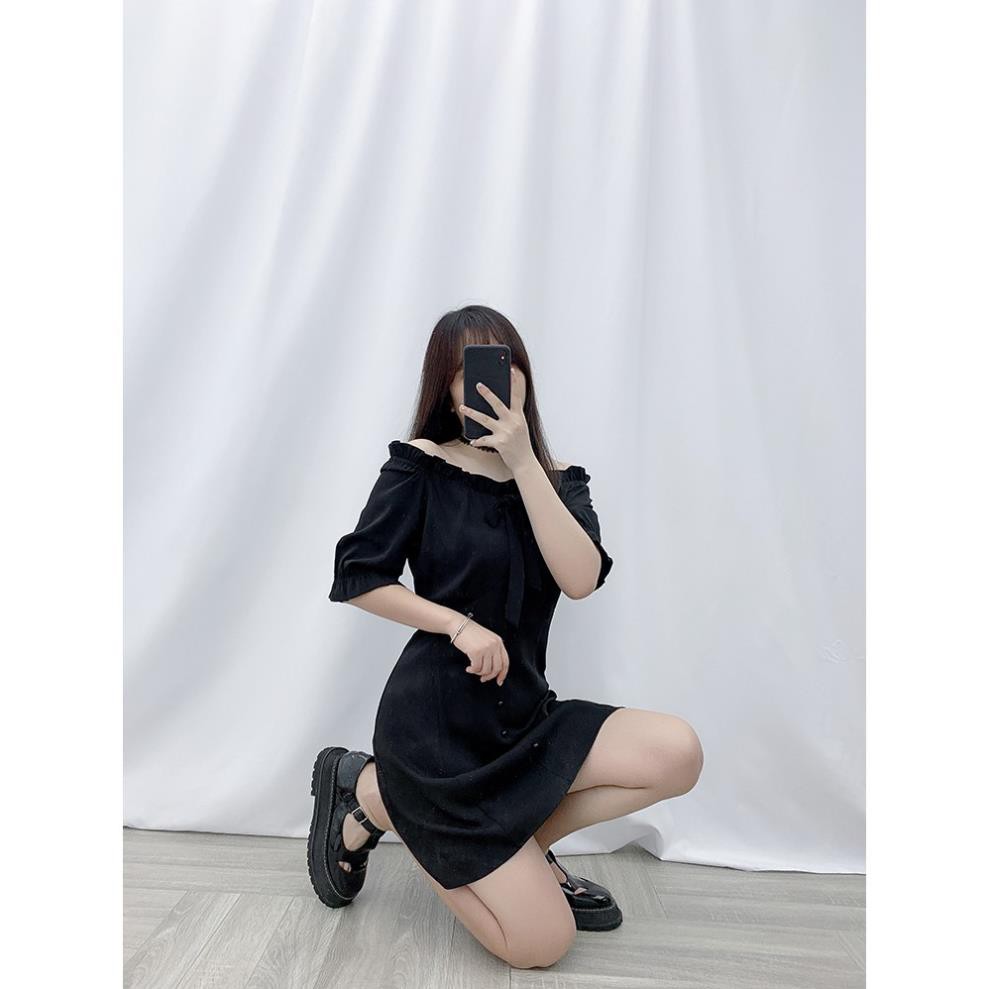 Đầm ⚡️𝐁𝐈𝐆𝐒𝐈𝐙𝐄⚡️dáng suông trễ vai, váy big size đen trơn phù hợp đi tiệc. ་ '