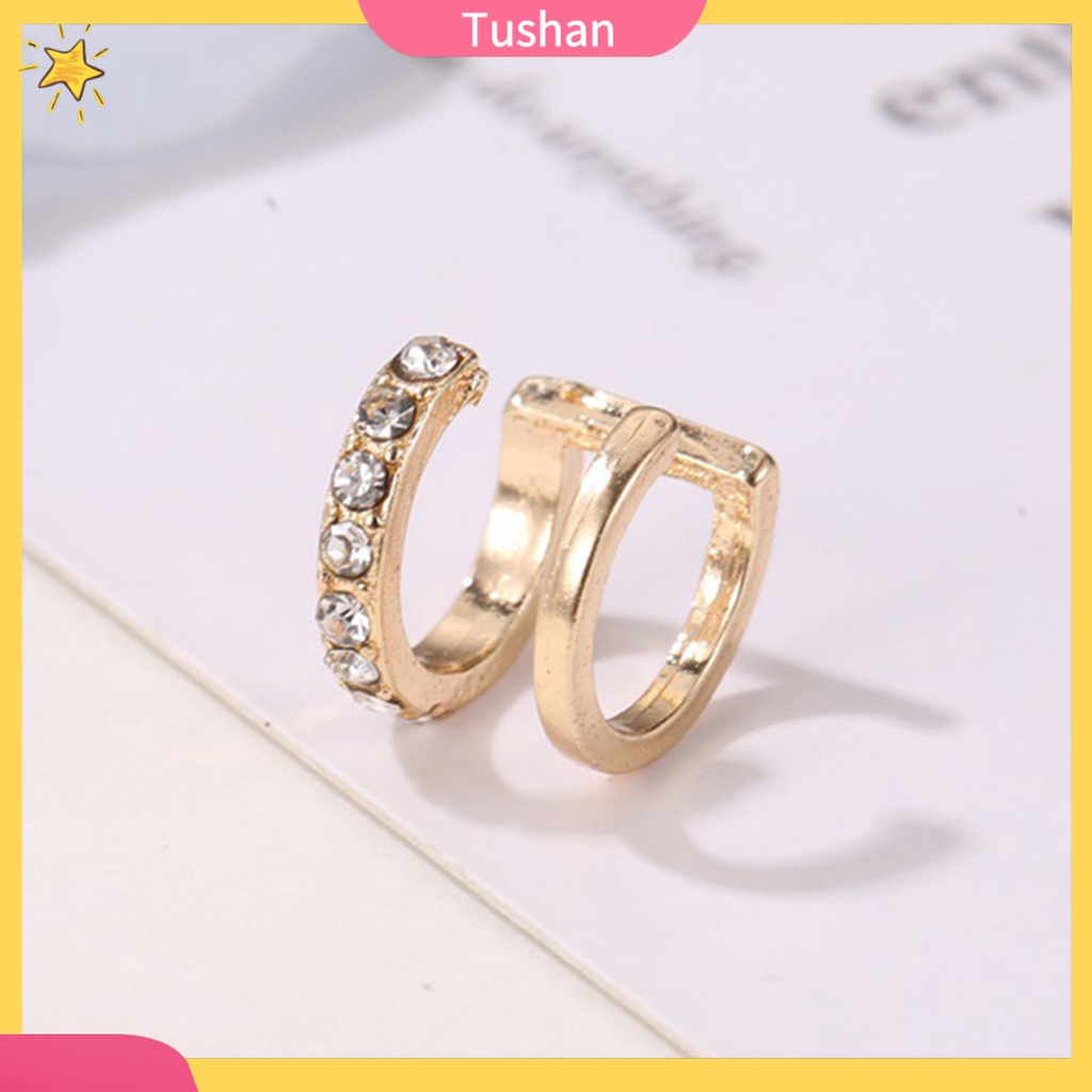 TUSH 1Pc Women Rhinestone Double Layer Ear Cuff Clip On Earring Non Piercing Jewelry