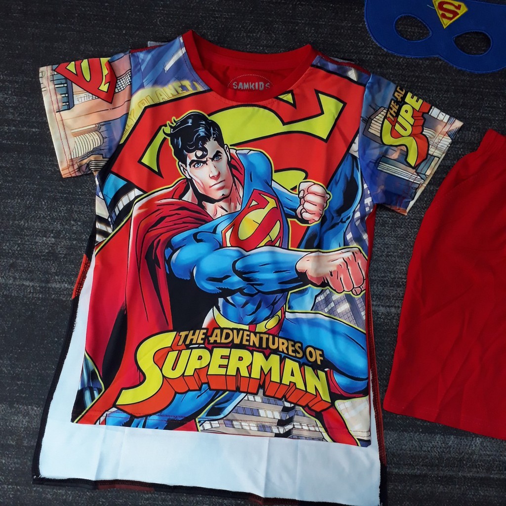 Bộ Super Man Lửng  Màu Đỏ in 3D sắc Nét, Vải Thun Cotton co Giãn 4 Chiều (Tặng Choàng Nạ)