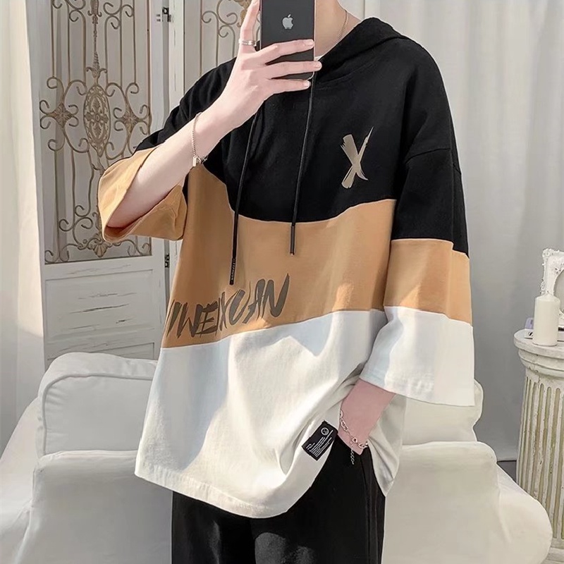 Áo Hoodie Tay Ngắn Dáng Rộng In Chữ Phong Cách Hip Hop Đường Phố Hàn Quốc Thời Trang Cho Nam Cỡ M-3XL