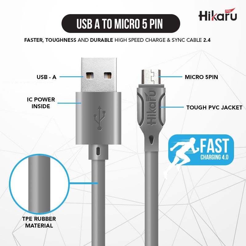 Mới Dây Cáp Sạc Nhanh Siêu Bền Hikaru 2.4a Usb Micro 5pin 1 M