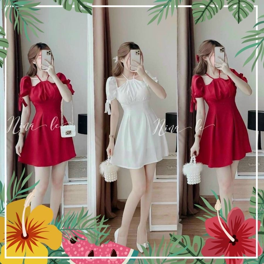 ĐẦM CỔ YẾM TAY CỘT NƠ( CÓ MÚT) 2 MÀU TRẮNG VÀ ĐỎ. Chất NHUNG LỤA- NGỌC HÀ SHOP
