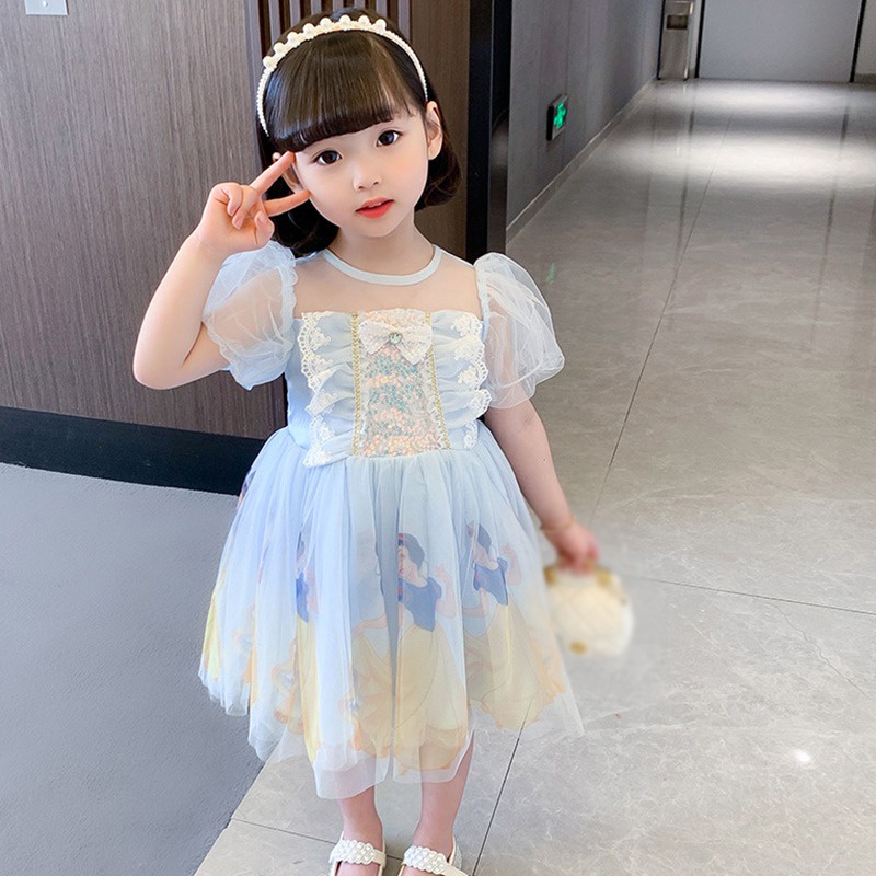 Đầm Công Chúa Tay Ngắn Phối Lưới Đính Nơ Thời Trang Mùa Hè Cho Bé Gái Se7en