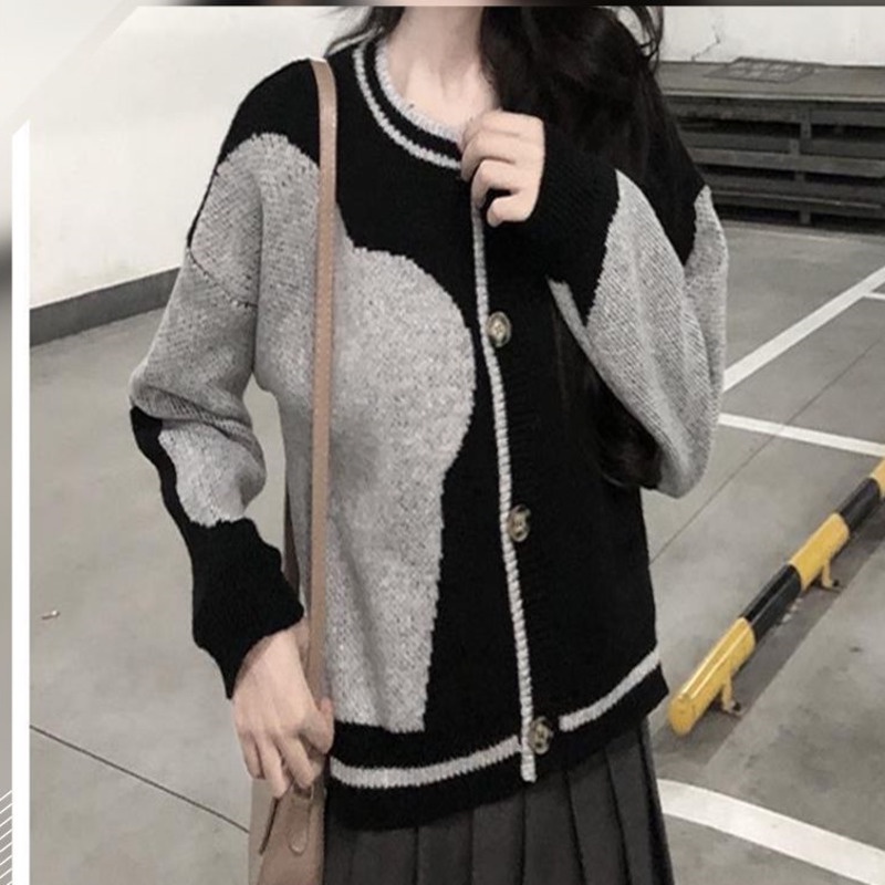 Áo Khoác Dệt Kim Tay Dài Màu Sắc Tương Phản Phong Cách Hàn Quốc