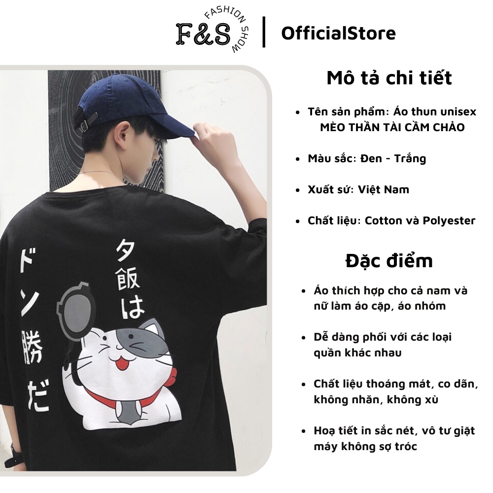 Áo thun tay lỡ unisex form rộng MÈO THẦN TÀI CẦM CHẢO - Áo phông F&S nam nữ, cặp đôi phong cách hàn quốc