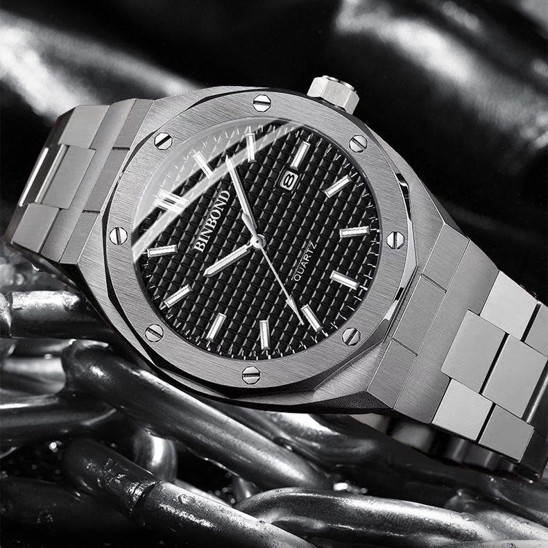 Đồng Hồ Quartz Mặt Bát Giác Dây Thép Thời Trang Cho Nam