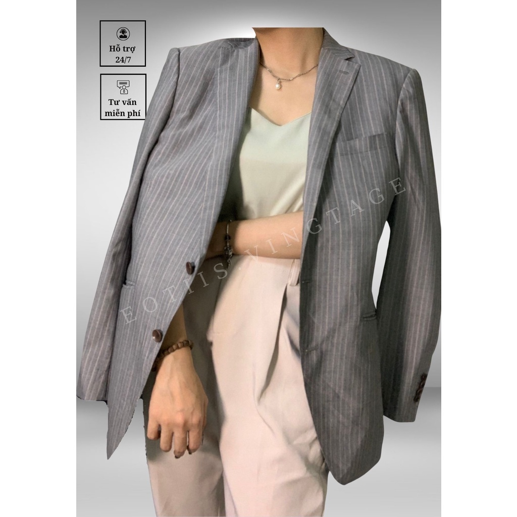 Khoác Blazer nữ Nhật màu xám sọc trắng đỏ freesize