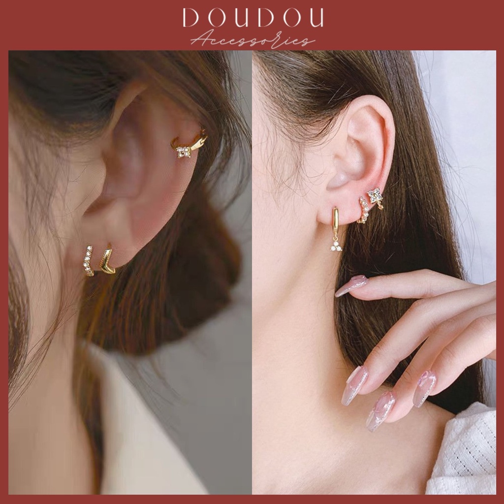 Bông tai tròn nữ Doudou Phụ kiện Khuyên hoa tai chuôi bạc 925 đính đá cá tính phong cách Hàn Quốc thời trang EH001