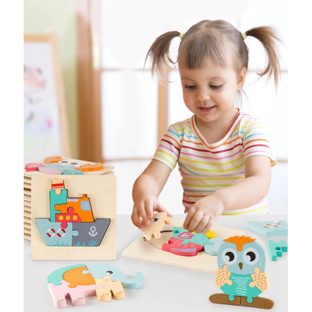 Tranh ghép hình 3D bằng gỗ có in hình nhiều mẫu ngộ nghĩnh phát triển trí tuệ, giáo dục sớm cho bé - MS02