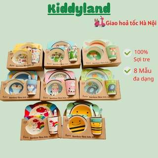 Bộ khay bát ăn dặm sợi tre BAMBOO hình thú - Set 5 chi tiết gồm khay, bát, cốc, thìa, dĩa cho bé tập ăn