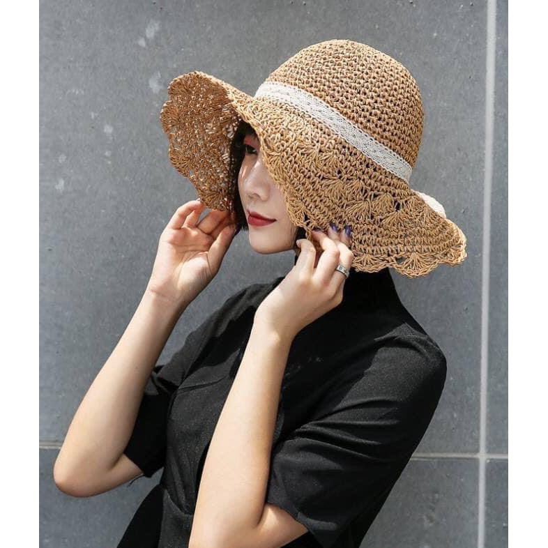 mũ cói mềm đính nơ ren đi biển chụp hình xinh