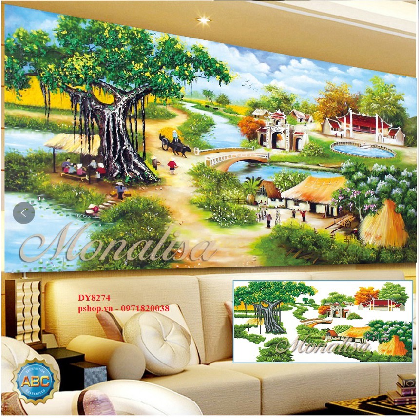 Tranh gắn đá phong cảnh - Tranh đính đá Cây đa giếng nước sân đình 136x65