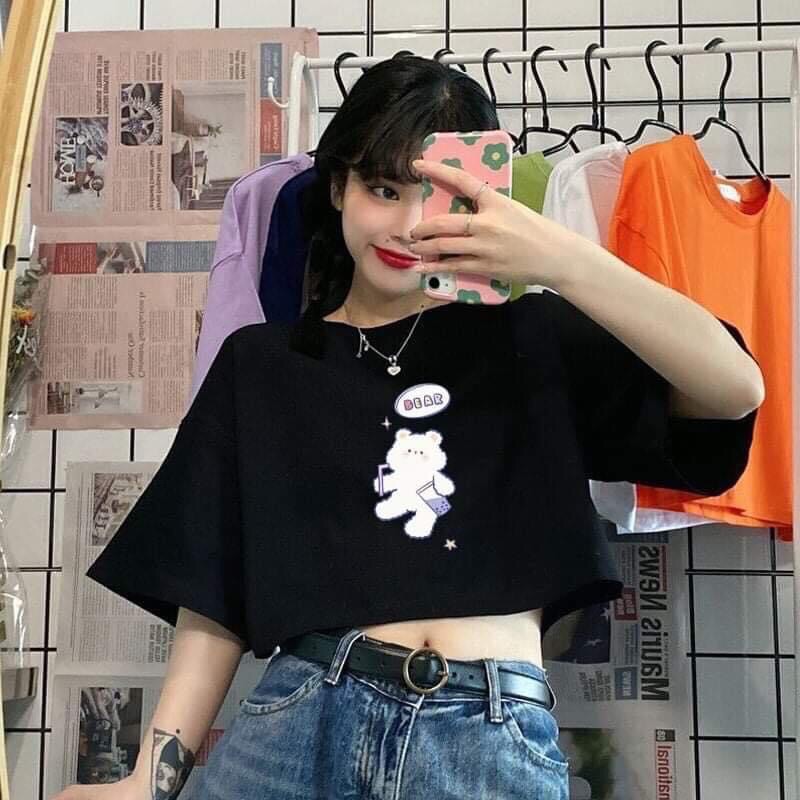 Áo croptop nữ tay ngắn in hình chú gấu Bear