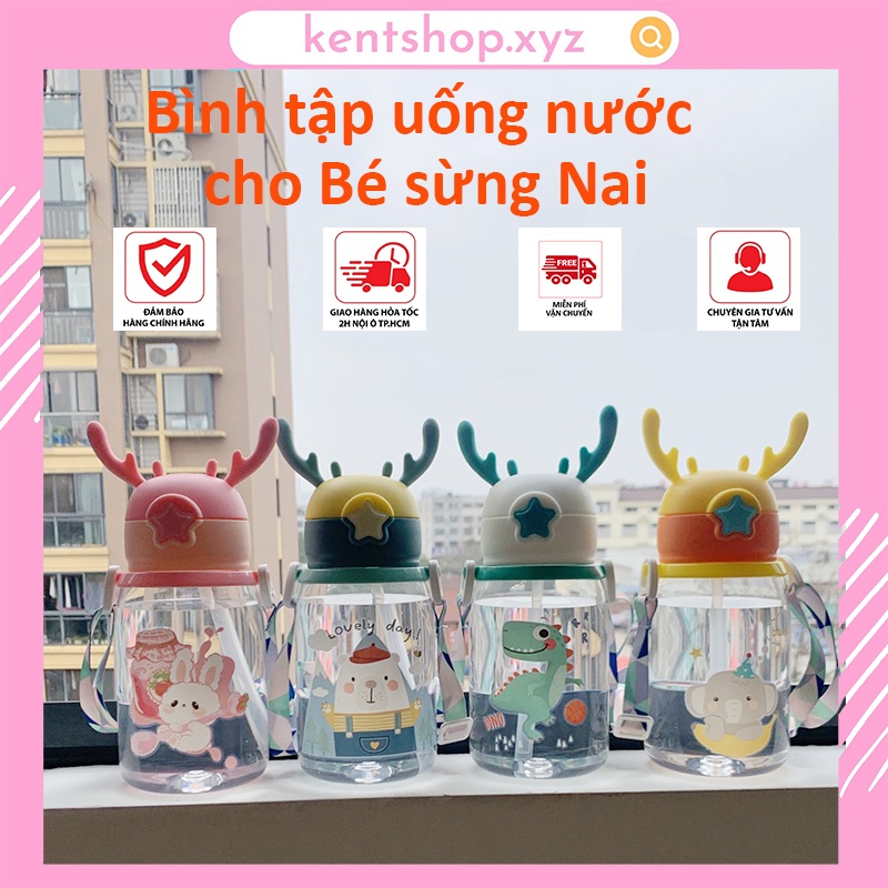 Bình tập uống nước cho bé có ống hút chống sặc Silicon, Bình uống nước Sừng Nai Cute KID cùng bé đi học