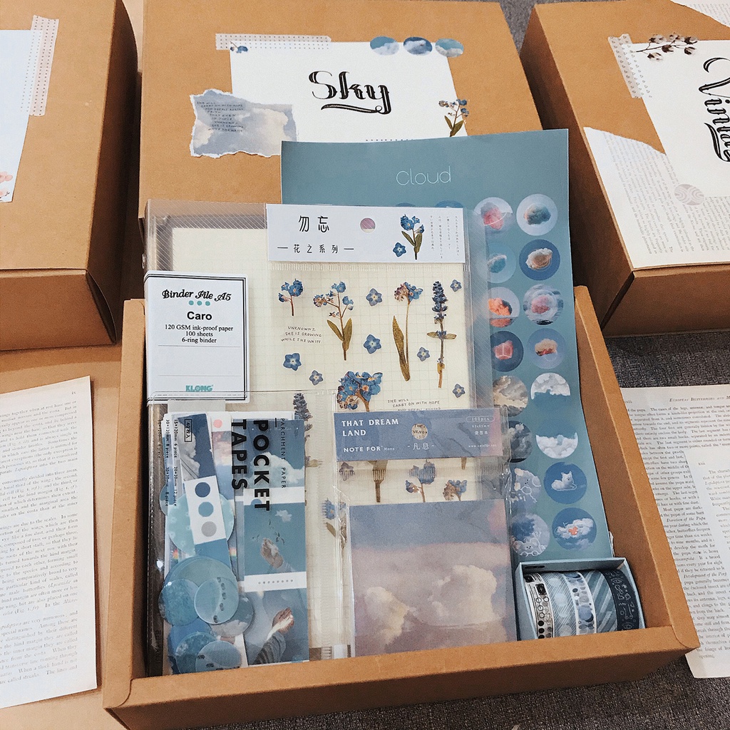 Set trang trí làm Bullet journal Sky - hộp quà tặng kèm sổ Klong sticker, note, washi tape Luv 102