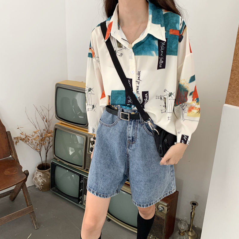 Áo Sơ Mi Tay Dài Form Rộng In Họa Tiết Phong Cách Retro Hàn Quốc