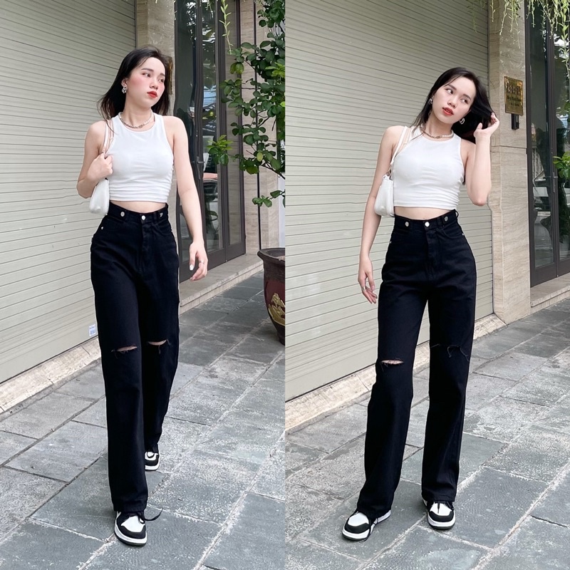 (Hình Thật shop chụp ) Quần Jean Ống Suông Lưng Siêu Cao Phong Cách Hàn Quốc Shop Yuri Jeans Suông001