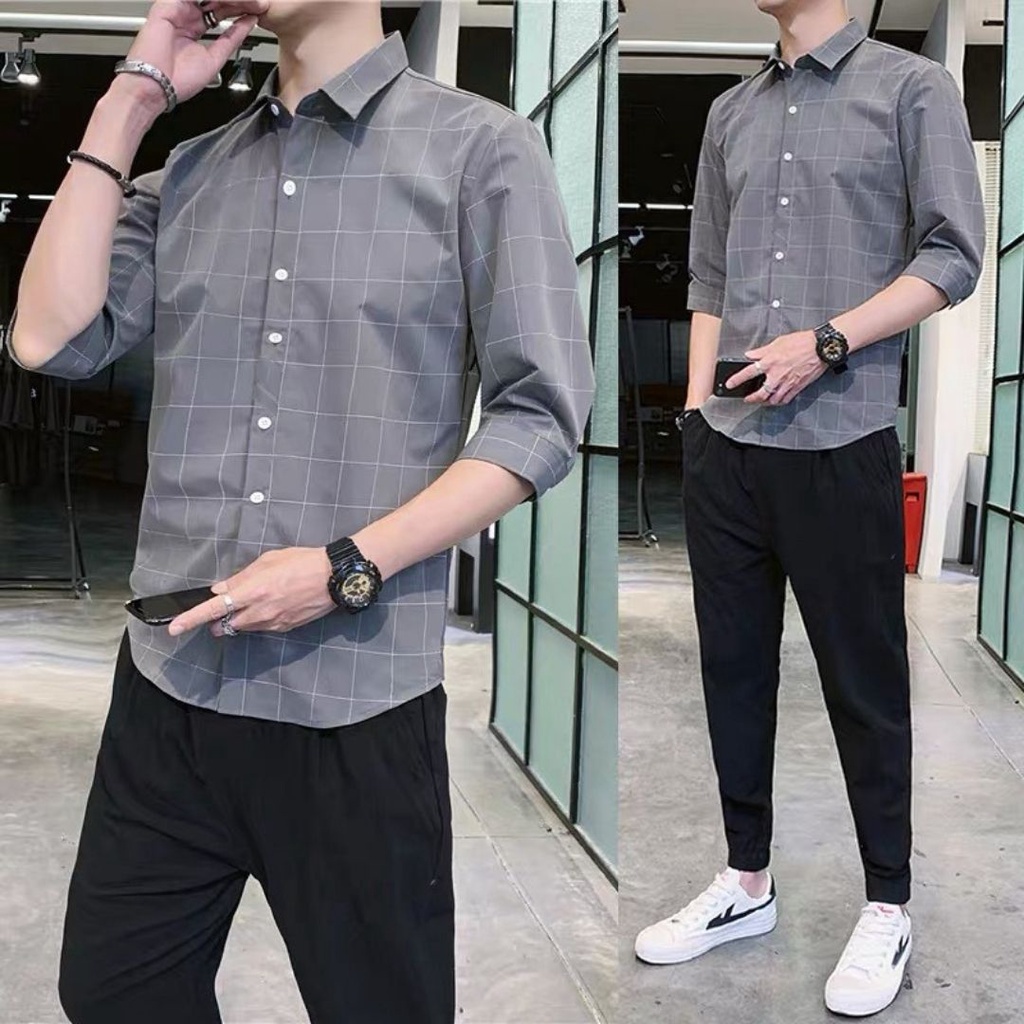 áo sơ mi nam tay dài kẻ caro cao cấp hàn quốc công sở - dáng ôm body , vải lụa trơn cotton cao cấp không nhăn co giãn nh